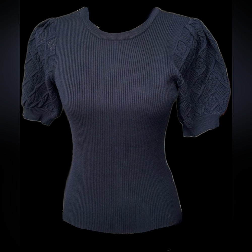 Elie Tahari Dark Blue Knitted Blouse With Detailed Puff Sleeves Fit Flare M